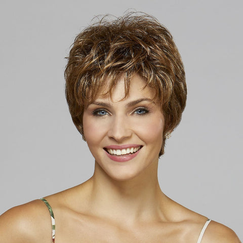 Elena Featherlight capless wig, short curly pixie in chestnut brown with lighter streaks.