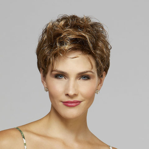 Elena Featherlight capless wig, short tousled brown with honey highlights, side fringe.