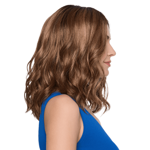 Molly Mono Top lace front wig by Envy, brown wavy hair, side profile