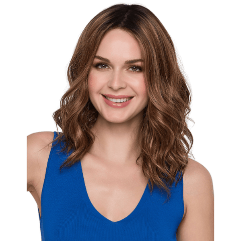 Molly Mono Top lace front wig by Envy, brown wavy hair, natural part, front view